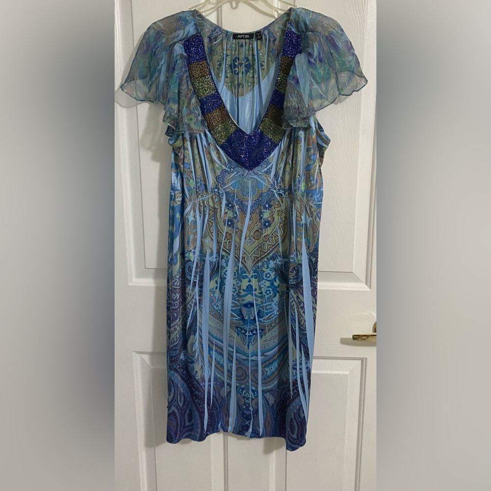 APT 9.. WOMENS Blue and Gold Patterned Beaded Dress